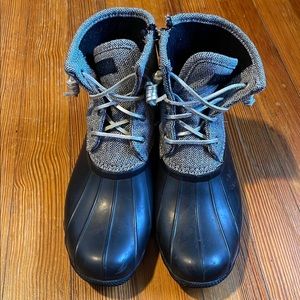 Grey and black Sperry duck boots